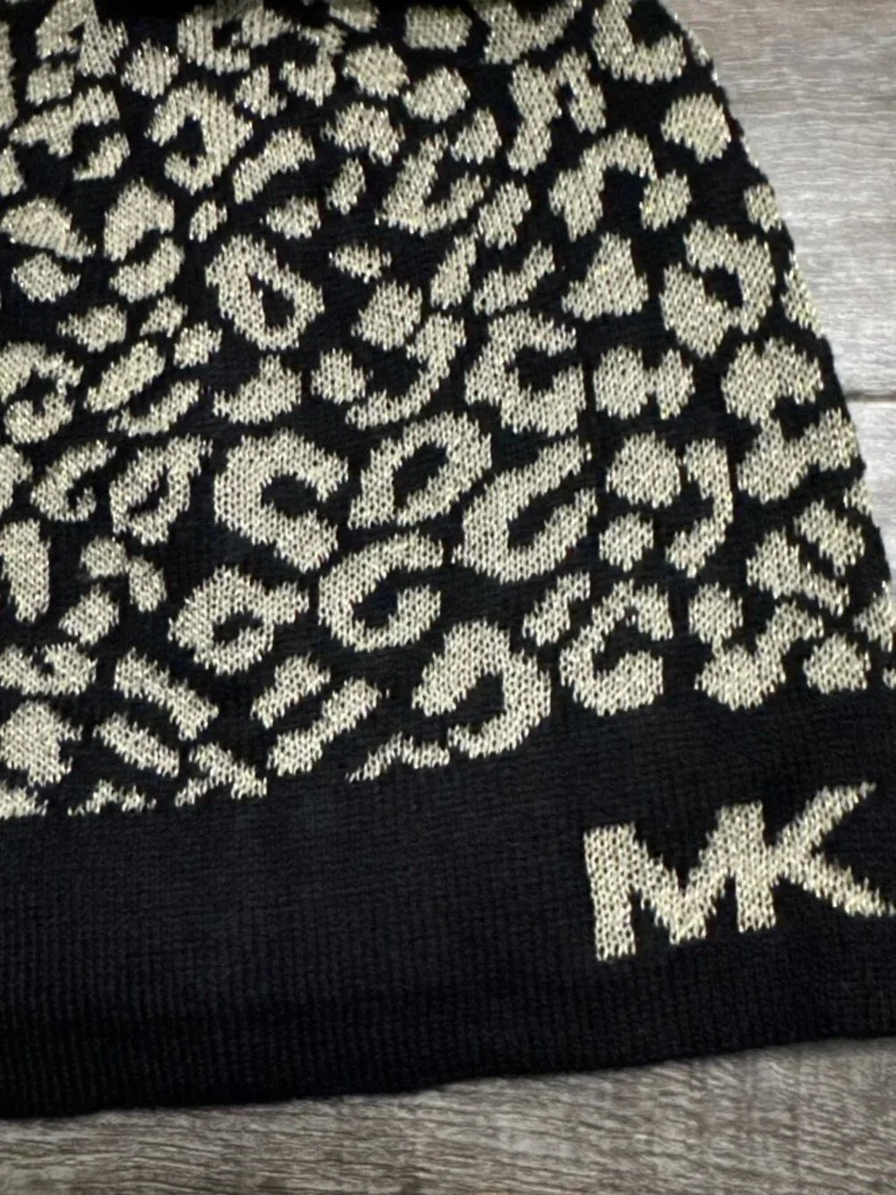 NWT Michael Kors Metallic Leopard Knit Beanie Black Gold Shimmer MSRP $48